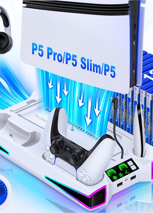 LIFUFUTEE PS5 Stand, PS5/Slim/Pro Cooling Station with 2.36in Cooling Fan, Controller Charger Station for PS5 Accessories, RGB Light, Headset Holder, 3 Charger Ports for PlayStation 5 Slim/Pro Console