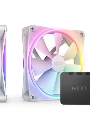 NZXT F140 RGB Duo Twin Pack - 2X 140mm RGB Fans + Hub - White | Two 140mm dual-sided RGB fans with controller. 20 addressable LEDs each, balanced performance, CAM-synced RGB.