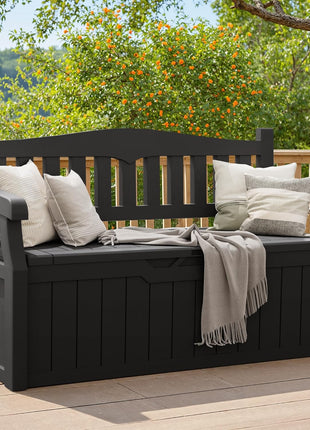 Greesum 80 Gallon Storage Bench Outdoor Deck Box with Armrest, Black | Patio Furniture,Lockable, Waterproof and UV Resistant, Suitable for Garden, Pool