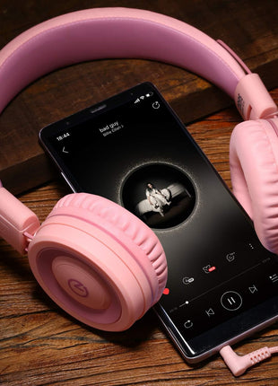 noot products Kids Headphones K11 Foldable Stereo Tangle-Free 5ft Long Cord 3.5mm Jack Plug in Wired On-Ear Headset for iPad/Girls/Boys/School/Laptop/Travel/Plane/Tablet-Soft Pink