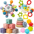 Baby Toys 6 to 12 Months, 5 In 1 Montessori Toys for 1 Year Old, Incl Travel Pull String Toy & Shape Sorter & Stacking Baby Block & Soft Infant Ring & Sensory Ball for Toddler 0-3-6-9-12 Month