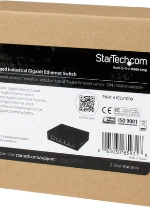 StarTech.com 5 Port Unmanaged Industrial Gigabit Ethernet Switch - DIN Rail / Wall-Mountable Network Switch - Rugged IP30 Gigabit Switch , TAA (IES51000)