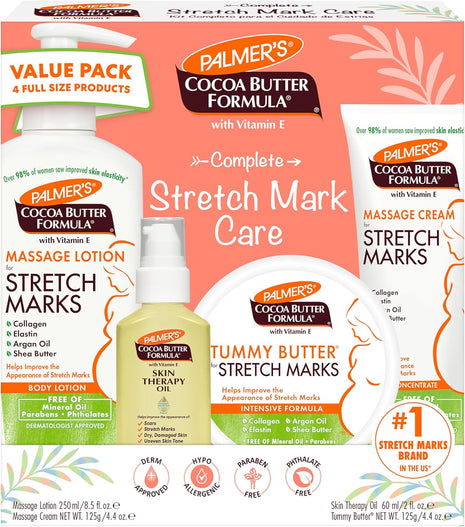 Palmer's Pregnancy Essentials Skin Care Kit, Cocoa Butter Formula (4 Piece) | Includes Massage Lotion, Massage Cream, Tummy Butter and Skin Therapy Oil for Stretch Marks, the ideal gift for mom to be