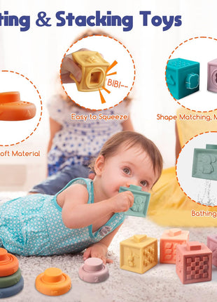 4-in-1 Montessori Baby Toy Set with Pull-String Teether Stacking Blocks | Stacking Rings, Baby Blocks, Sensory Cube, Bath Play, Color and Shape Matching, Fine Motor Practice, Montessori Baby Gifts