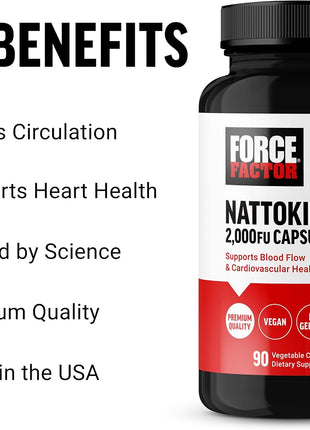 Force Factor Nattokinase 2000 FU, Nattokinase Supplement | Support Heart Health & Blood Pressure Health, Blood Circulation Pills, Non-GMO, Vegan, No Gelatin, 90 Vegetable Capsules