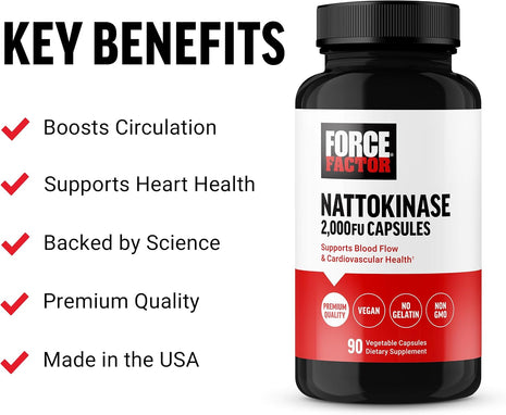 Force Factor Nattokinase 2000 FU, Nattokinase Supplement | Support Heart Health & Blood Pressure Health, Blood Circulation Pills, Non-GMO, Vegan, No Gelatin, 90 Vegetable Capsules