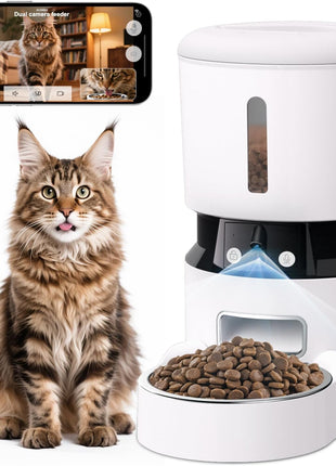 Automatic Cat Feeder with 2 Cameras 1080P HD with Night Vision Pet Food Dispenser Two-Way Voice and Audio Dog Smart WiFi Dog & Cat Feeder Programmable Schedule Slow Bowl White
