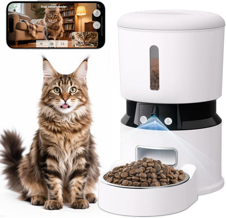 MIETUBL Automatic Cat Feeder with 2 Cameras 1080P HD with Night Vision Pet Food Dispenser Two-Way Voice and Audio Dog Smart WiFi Dog & Cat Feeder Programmable Schedule Slow Bowl White