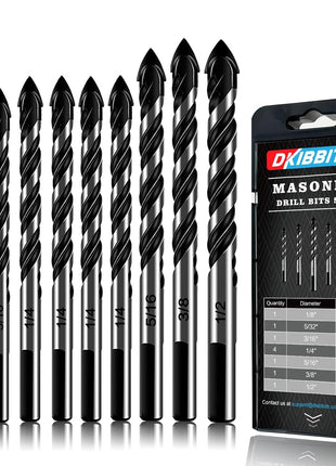 10-Piece Masonry Drill Bit Set for Concrete Tile Glass Ceramic Brick,1/8 to 1/2 Inch Drilling Bits with Triangle Handle,Tungsten Steel Alloy Tip.(Black)