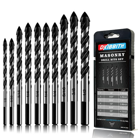 10-Piece Masonry Drill Bit Set for Concrete Tile Glass Ceramic Brick,1/8 to 1/2 Inch Drilling Bits with Triangle Handle,Tungsten Steel Alloy Tip.(Black)