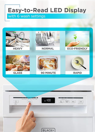 BLACK+DECKER 18-Inch Portable Dishwasher, Energy Star, BPD8W, White | 8-Place Setting Capacity, Mobile Dish Washer with 6 Wash Programs, LED Display, Stainless Steel Tub