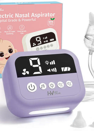 HEYVALUE Nasal Aspirator for Baby, Hospital Grade Nose Sucker with 9 Levels Suction, Night Light and Nursery Rhyme Soothing, Electric Nose Suction for Baby with Food-Grade Silicone Tips Purple