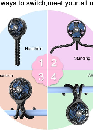 WiHoo Portable Stroller Fan, 11H Ultra-long Battery Life 3 Speed 360°Rotate, USB Rechargeable or Battery Operated Cooling Clip On Personal Fan for Baby Crib Travel Car Seat Black