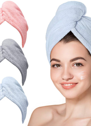 Hicober Microfiber Hair Towel, 3 Packs Hair Turbans for Wet Hair, Drying Hair Wrap Towels for Curly Hair Women Anti Frizz (Blue,Grey,Pink)