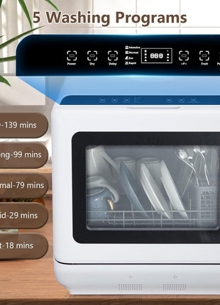 Portable Countertop Dishwasher, Compact Mini Dishwashers with 5 L Built-in Water Tank, 5 Washing Programs, Air-Drying Function, 360° Dual Spray & High-Temp, for Home, RV, Apartment, Pure White