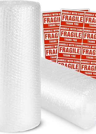 Bubble Cushioning Wrap Rolls, 3/16 inch x 12 inch x 72' ft Total [2 Rolls of 36 Feet] Perforated Every 12 inch, 20 Fragile Stickers for Packaging, Shipping, Mailing
