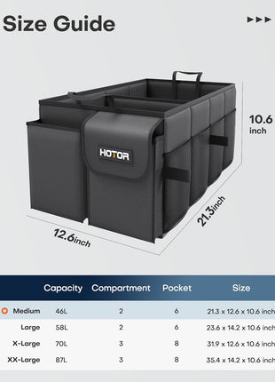 HOTOR Trunk Organizer - Car Organizer, Foldable Trunk organizer for SUVs & Sedans, Sturdy Car Organization for Car Accessories, Tools, Sundries, Black, 2 Compartments, 21.3 inch×12.6 inch×10.6 inch