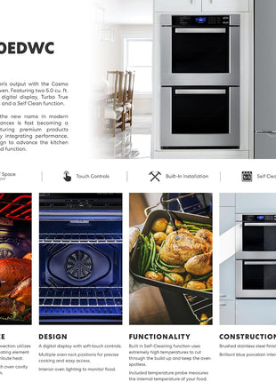 30 in. Haven Coll Double Electric Wall Oven, True Convection, Stainless | Cosmo COS-30EDWC Blue Porcelain, Self Clean Function, 7 Oven Functions, Digital Display, Interior Lighting