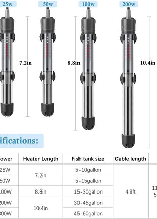 HITOP 25W 50W 100W 200W 300W Adjustable Aquarium Heater, Submersible Fish Tank Heater Thermostat with Suction Cup (50W)