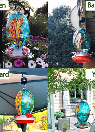Muse Garden Glass Humming Bird Feeders for Outdoors - 27OZ Blown Glass Hummingbird Feeder - Unique Gift Mom Women, Outdoors Hanging Garden Decor, Includes Ant Moat & Brush, Blue Fireworks