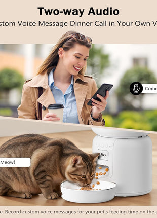 Automatic Cat Feeder with Camera, 4L Automatic Pet Feeder, Dual Power Supply, Smart Cat Food Dispenser with 2MP Night Vision & Two-Way Audio for Cats and Small Dogs, White