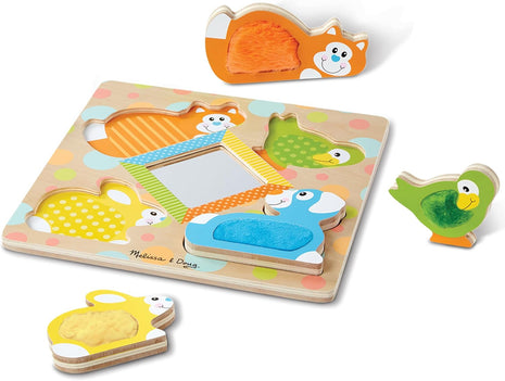 Melissa & Doug First Play Peek-a-Boo Pets Wooden Touch and Feel Puzzle with Mirror Mirror Toy for Babies and Toddlers, Sensory Toy Puzzle