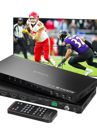 PORTTA 2x2 HDMI or USB-C Video Wall Controller 4K 60Hz, Video Wall Processor with 11 Splicing Modes, RS232, 180° Rotate, Audio Extractor, 2x2,1x2,1x3,1x4,2x1,3x1x4x1, 4 tv Screens into 1 Wall Display