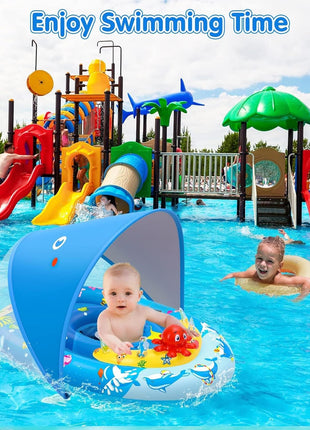 EZIGO Baby Pool Float Canopy UPF50+, Kids Floats for 6-36 Months Boys Girls | 120° Adjustable Sun Protection Toddler Swim Float with Squeaky Toys, Dual Air Chambers & Infant Baby Floatie with Safety Seat