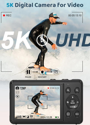 5K Digital Camera - 72MP UHD Digital Cameras for Photography - Autofocus Point and Shoot Small Camera with Flash for Kids - 2.8 Inch Screen Compact Portable Vlogging Camara with 16X Zoom, 32GB SD Card