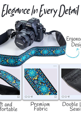 Camera Strap - Shoulder, Crossbody & Neck Camera Strap for Photographers, Fits All Cameras, Canon Nikon Sony Fujifilm, Padded Strap W/ Quick Release, Embroidered Cotton & Leather Ends, Blue