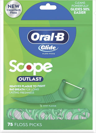 Oral B Glide Complete Floss Picks, Dental Floss Picks, Scope Outlast, 75 ct, Toothpicks Floss Picks