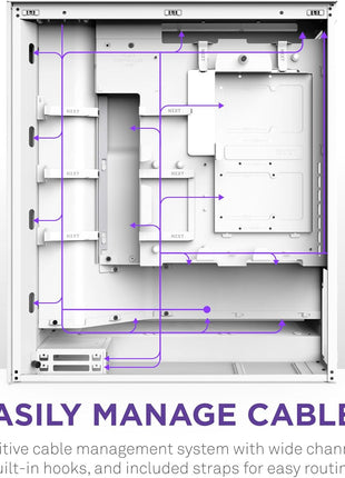 NZXT H7 Flow - Mid-Tower ATX Airflow PC Case - White | Airflow-first ATX mid-tower. Bottom-mount fans for direct GPU cooling, 420mm front radiator support, clean cable routing.