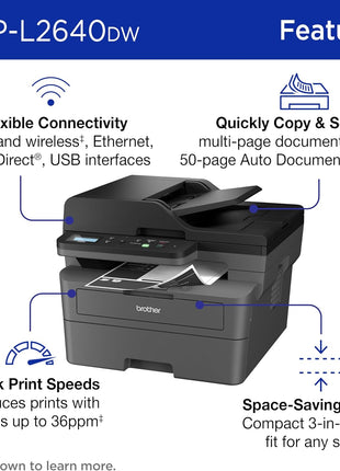 Brother DCP-L2640DW Wireless Compact Monochrome Multi-Function Laser Printer with Copy and Scan, Duplex, Mobile, Black & White | Includes Refresh Subscription Trial(1), Works with Alexa