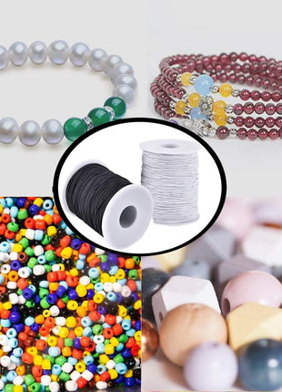Elastic String for Bracelets, 2 Rolls 1 mm Sturdy Stretchy Elastic Cord for Jewelry Making, Necklaces, Beading Black and White
