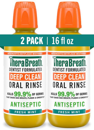 TheraBreath Deep Clean Mouthwash, Antiseptic Benefits, Fresh Mint Flavor, Dentist Formulated, Alcohol Free, 16 fl oz (Pack of 2)