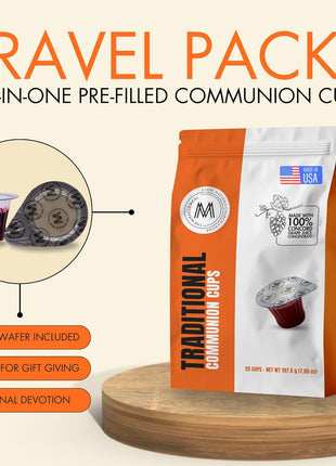 Travel Pack - The Miracle Meal Pre-Filled Traditional Communion Cup - Bag of 25 with Wafer and 100% Concord Grape Juice