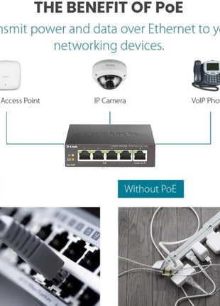 D-Link 5-Port Gigabit PoE+ Unmanaged Ethernet Switch, with 4 PoE Ports up to 60W PoE Budget, QoS, Fanless, Sturdy Metal with Shielded Ports, Compact Desktop, Follows NDAA/TAA (DGS-1005P)