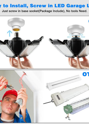 Garage Lights - 2Pack Super Bright 32000LM LED Garage Ceiling Light 6500K LED Shop Light w/ 6 Deformable Panels Screw in E26/E27 Socket Light Bulbs for Workshop Storage Warehouse Attic