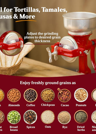 Estrella Cast Iron Manual Corn Grinder, Hand Grain Mill, Molino de Maiz Manual, Red Molino for Corn, Nixtamal, Masa, Coffee & Spices