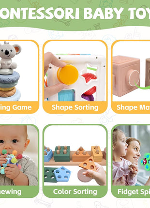 YHHYTOY 6-in-1 Montessori Baby Toys 0-6 6-12 Months, Infant Toys Baby Gifts | 4 5 6 Month Old Baby Toys, Soft Stacking Blocks Rings Shape Sorter Sensory Baby Suction Spinners, Baby Gifts for Girls Boys