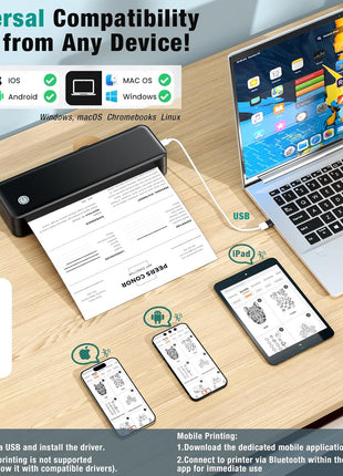 PEDOOLO Portable Printer Wireless for Travel, Inkless Thermal Printer Supports 8.5 x 11 Inch Thermal Paper, Bluetooth Compatible with iOS, Android, Laptop Includes 2 Rolls & 10 Sheets of Paper Kit