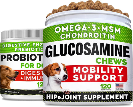 Glucosamine Treats for Dogs + Dog Probiotics Treats for Picky Eaters Bundle - Joint Supplement w/Omega-3 Fish Oil, Chondroitin, MSM and Digestive Support, Allergy, Gas and Constipation Relief