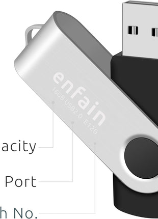Enfain 16GB USB 2.0 Flash Drive 10 Pack | Swivel Thumb Drives with 31 Labels | Gift-Ready Packaging for Corporate Events, Office & Team Distributions (Black)