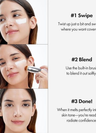 ELROEL Blanc Cover Cream Stick V White - Korean Color-Changing Foundation Stick with Volufiline - Medium to Full Coverage Dewy Finish Base Makeup - Dual-Ended with Detachable Brush (203 Medium)