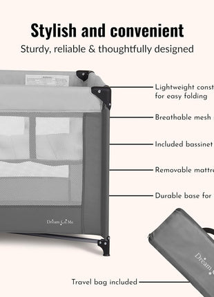 Dream On Me Zazzy Portable Playard with Bassinet - 360? Mesh Visibility, Quick Folding Travel Friendly Design, Carry Bag and Foldable Mattress Pad Included, Compact and Lightweight - Gray