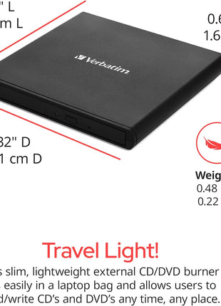 Verbatim Slim External Burner CD/DVD +/-RW Optical Drive USB 2.0 with USB A to USB C Adapter and M-DISC Support - Mac & PC Compatible Nero Burn & Archive Software Included (Windows only)
