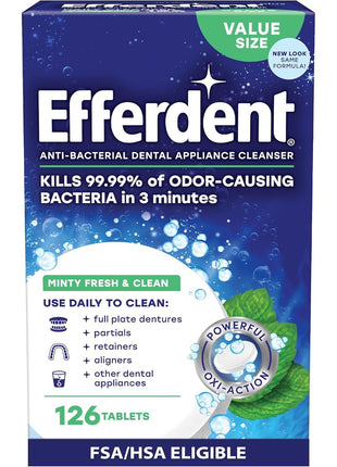 Efferdent Denture Cleaner Tablets, Minty Fresh & Clean, 126 Count | Retainer Cleaner, Use Daily To Clean Dental Appliances, Full Plate Dentures, Aligners & Mouth Guards