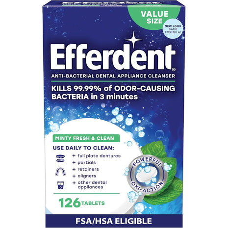 Efferdent Denture Cleaner Tablets, Minty Fresh & Clean, 126 Count | Retainer Cleaner, Use Daily To Clean Dental Appliances, Full Plate Dentures, Aligners & Mouth Guards