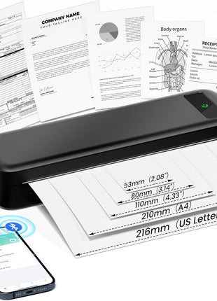 Portable Printers Wireless for Travel, A285M Small Inkless Thermal Printer, Bluetooth Mobile Printer Support 8.5 inch X 11 inch Letter & A4 Thermal Paper, Compatible with iPhone Laptop for Home Office Receipt