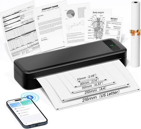 Portable Printers Wireless for Travel, A285M Small Inkless Thermal Printer, Bluetooth Mobile Printer Support 8.5 inch X 11 inch Letter & A4 Thermal Paper, Compatible with iPhone Laptop for Home Office Receipt